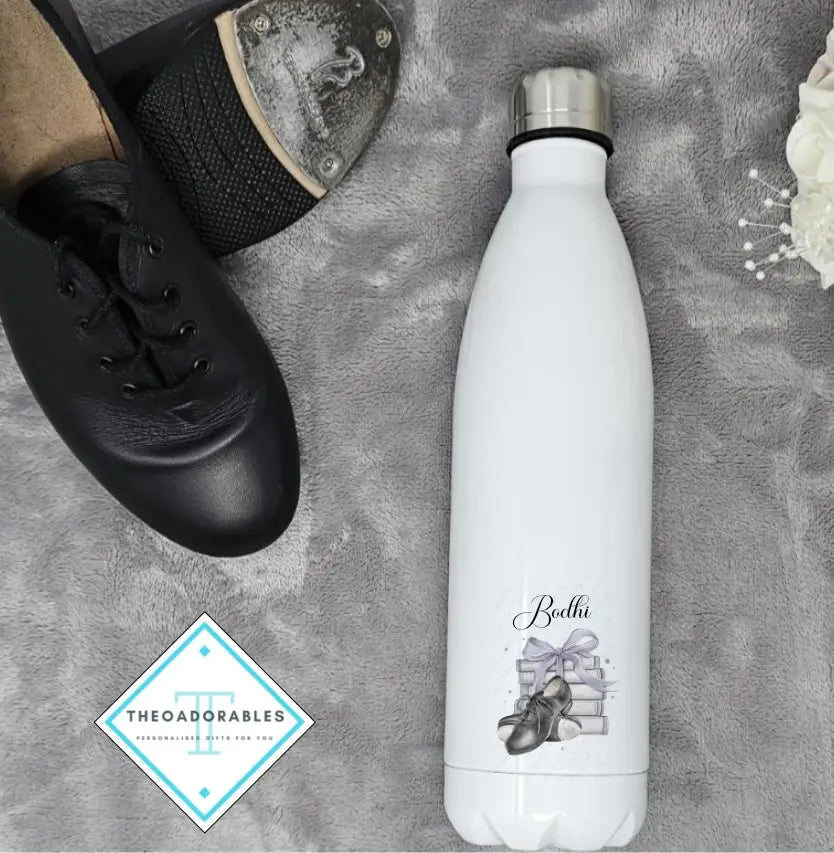 Water Bottle with Name, Tap shoes and a Stack of Books