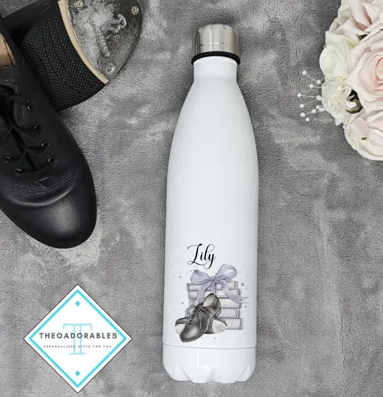 Water Bottle with Name, Tap shoes and a Stack of Books