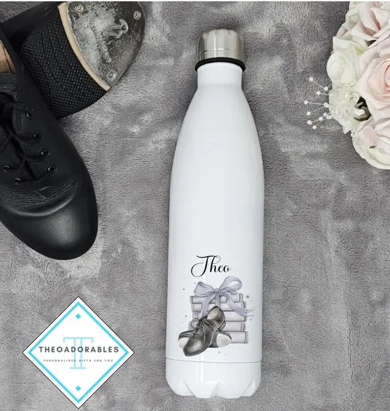 Water Bottle with Name, Tap shoes and a Stack of Books