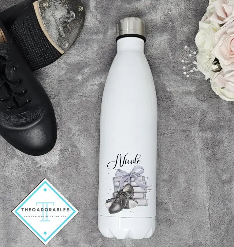Water Bottle with Name, Tap shoes and a Stack of Books