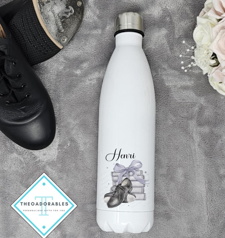 Water Bottle with Name, Tap shoes and a Stack of Books