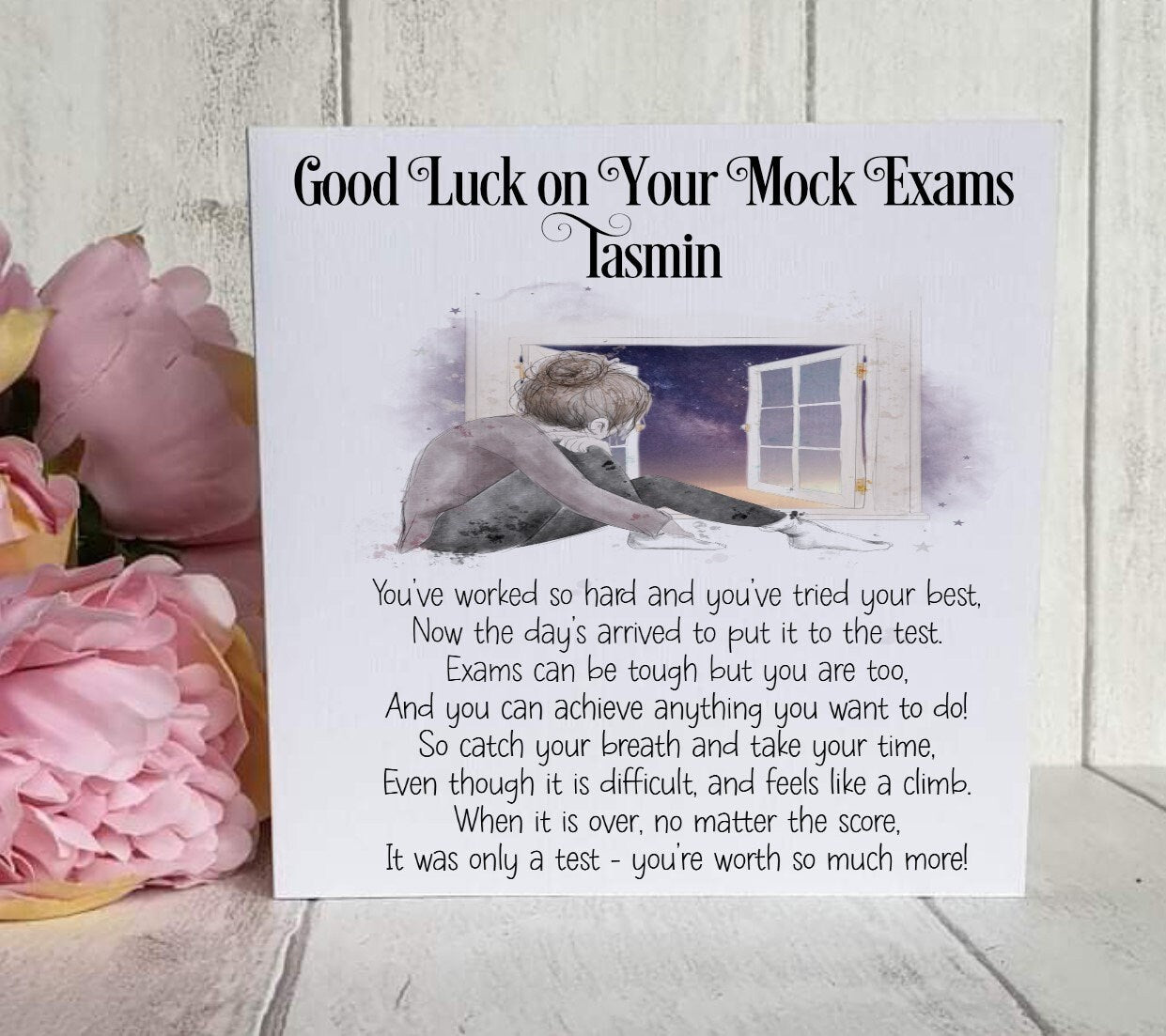 Good Luck GCSE Mock Exams with a Girl Looking Out of a Window image Personalised Good Luck Card for GCSE/A-Level Mocks, Good Luck Exam Cards - Theoadorables