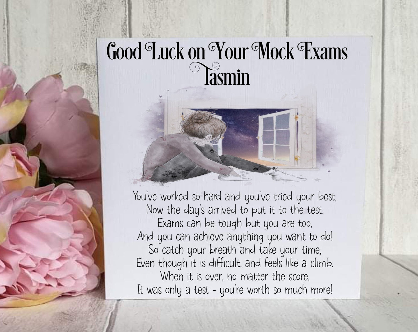 Good Luck GCSE Mock Exams with a Girl Looking Out of a Window image Personalised Good Luck Card for GCSE/A-Level Mocks, Good Luck Exam Cards - Theoadorables