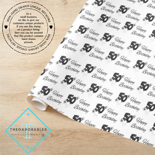 Black Balloon 50th  Birthday Wrapping Paper