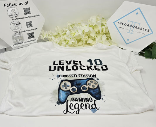 Level 10 Unlocked - Blue Game Controller T-shirt Age 9 -10 Yrs
