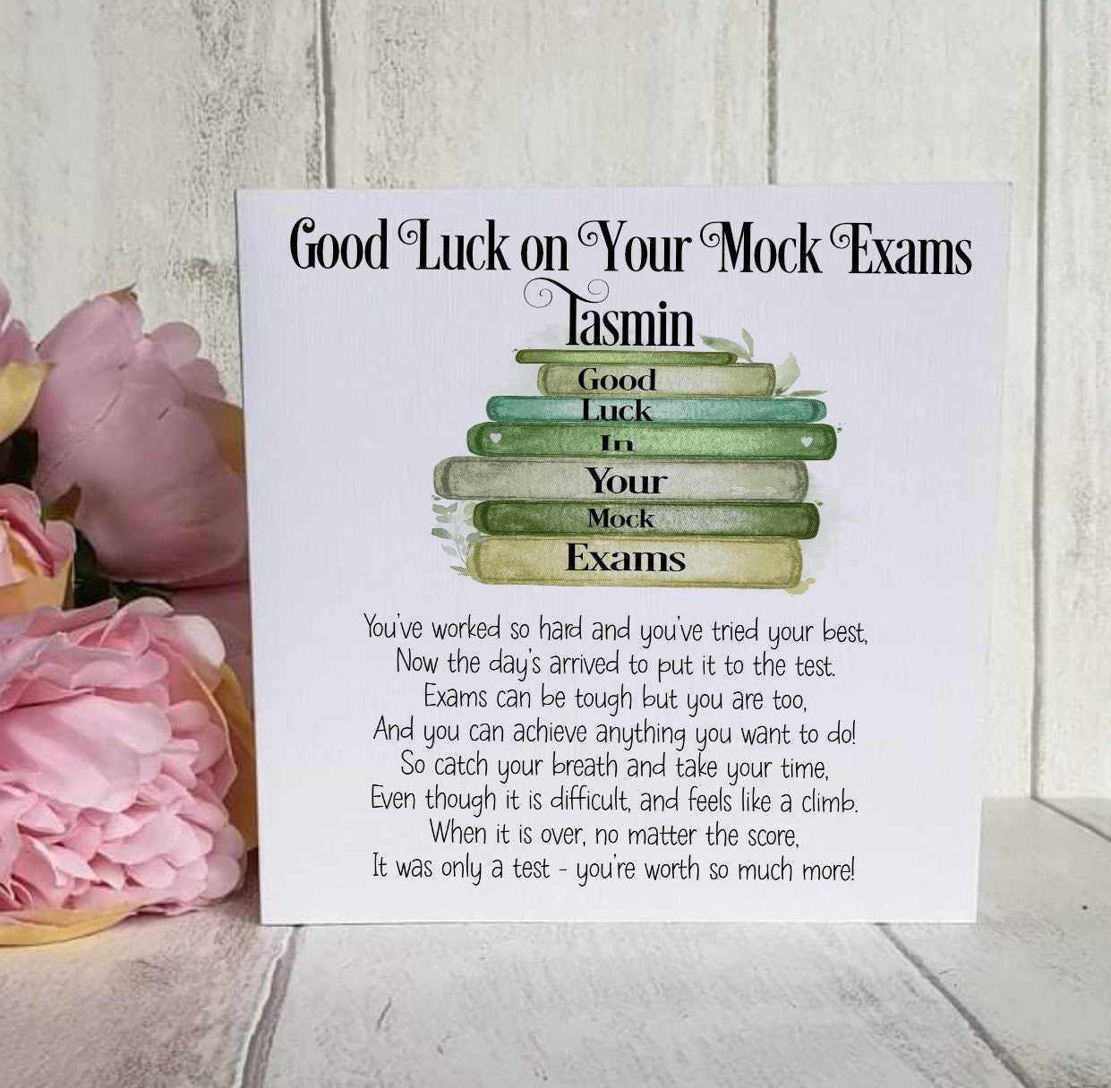 Good Luck GCSE Mock Exams with a stack of books, Personalised Good Luck Card for GCSE/A-Level Mocks, Good Luck Exam Cards - Theoadorables