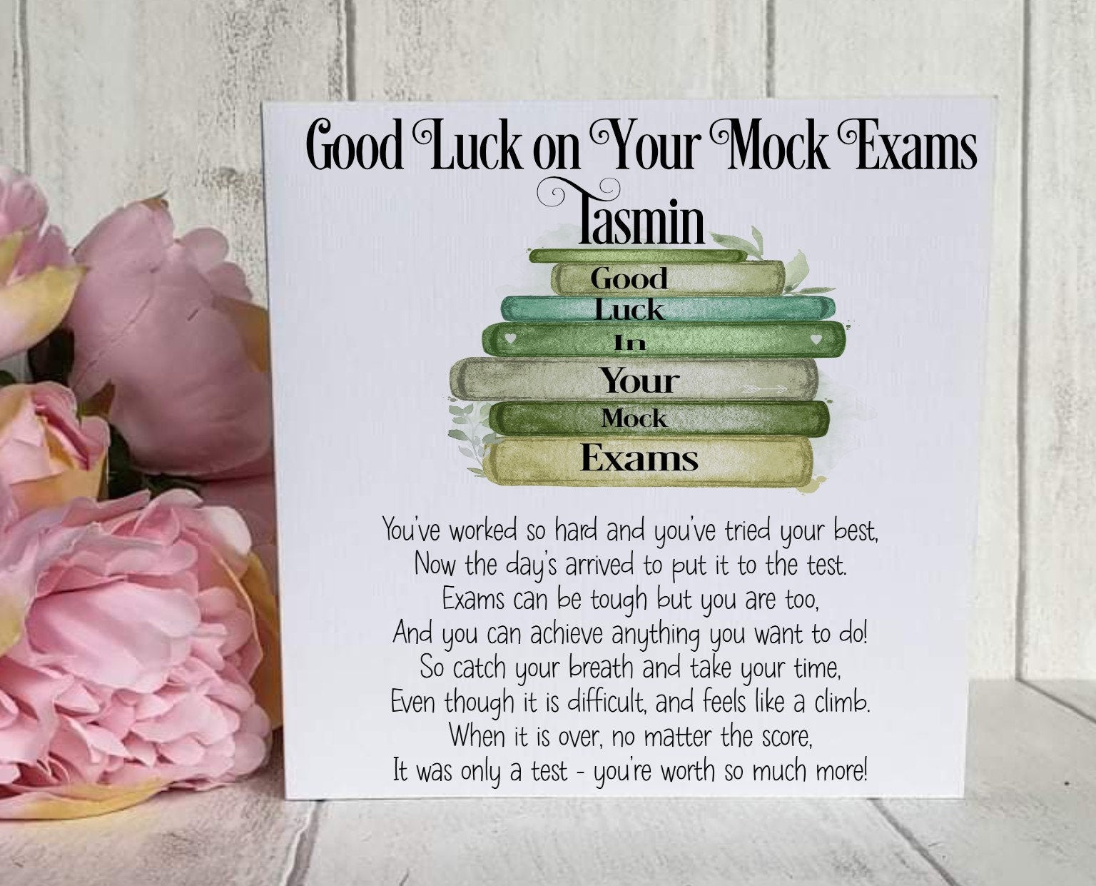 Good Luck GCSE Mock Exams with a stack of books, Personalised Good Luck Card for GCSE/A-Level Mocks, Good Luck Exam Cards - Theoadorables
