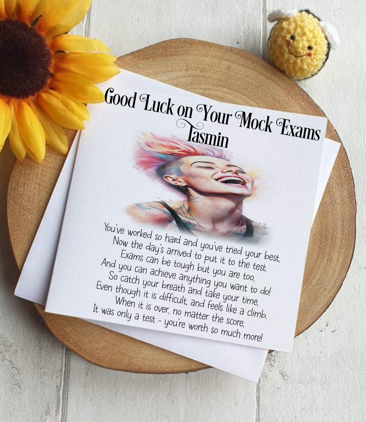 Good Luck GCSE Mock Exams with a Laughing Rainbow Lady, Personalised Good Luck Card for GCSE/A-Level Mocks, Good Luck Exam Cards - Theoadorables