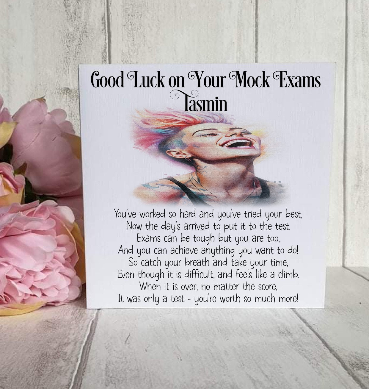 Good Luck GCSE Mock Exams with a Laughing Rainbow Lady, Personalised Good Luck Card for GCSE/A-Level Mocks, Good Luck Exam Cards - Theoadorables