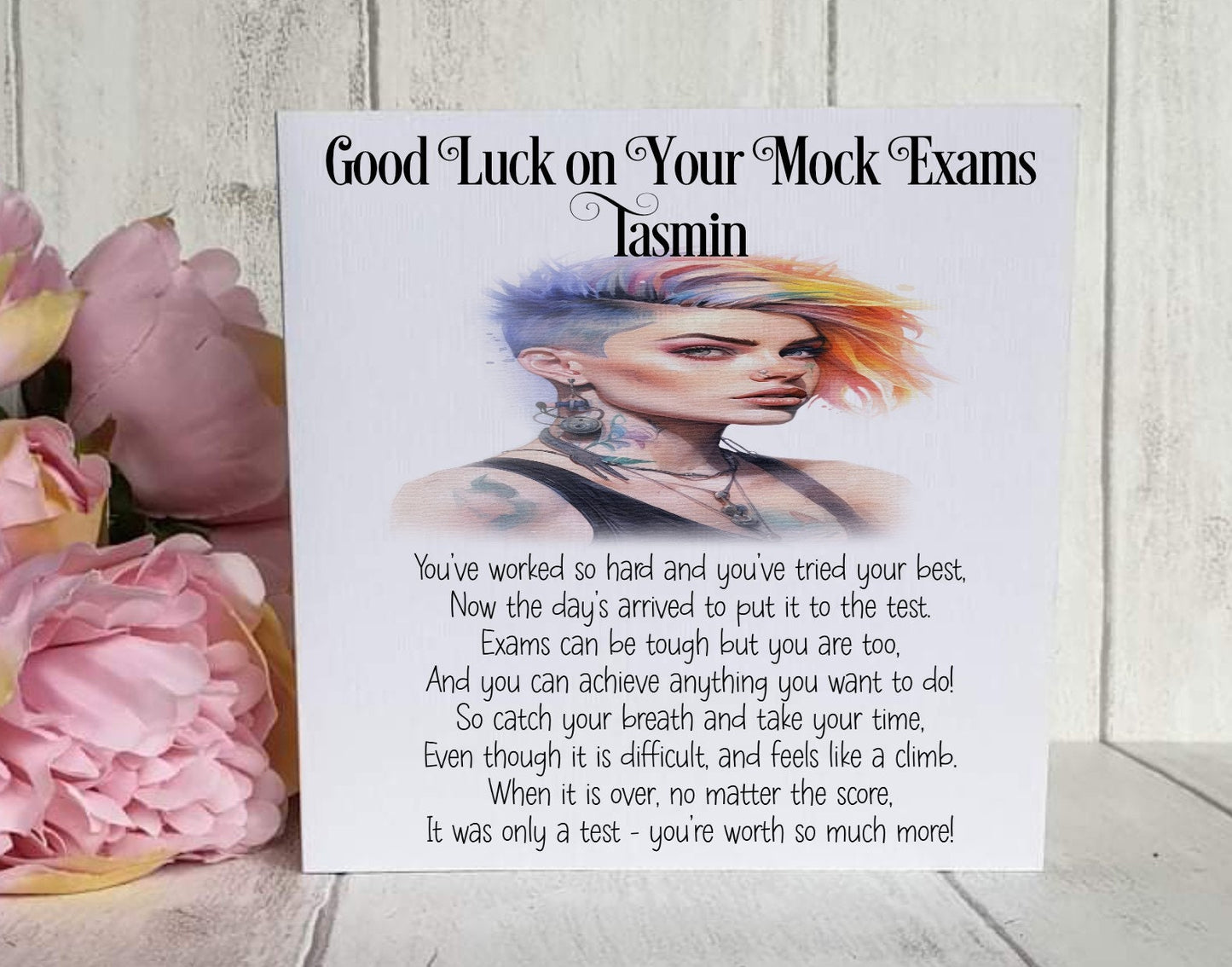 Good Luck GCSE Mock Exams with a Laughing Rainbow Lady, Personalised Good Luck Card for GCSE/A-Level Mocks, Good Luck Exam Cards - Theoadorables