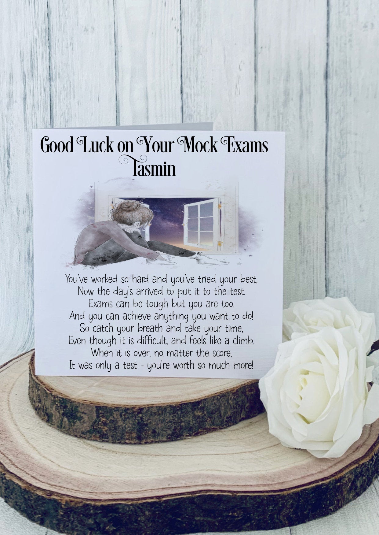 Good Luck GCSE Mock Exams with a Girl Looking Out of a Window image Personalised Good Luck Card for GCSE/A-Level Mocks, Good Luck Exam Cards - Theoadorables