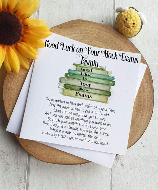 Good Luck GCSE Mock Exams with a stack of books, Personalised Good Luck Card for GCSE/A-Level Mocks, Good Luck Exam Cards - Theoadorables