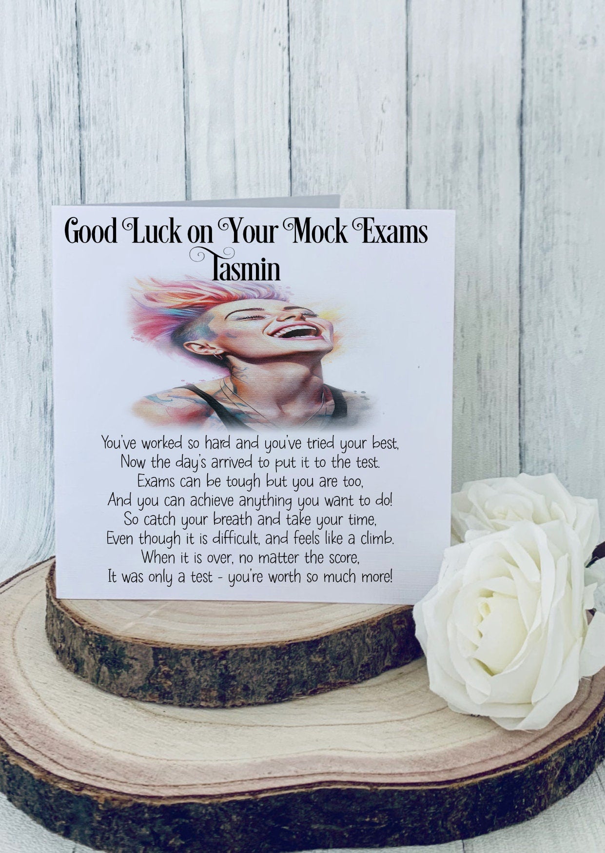 Good Luck GCSE Mock Exams with a Laughing Rainbow Lady, Personalised Good Luck Card for GCSE/A-Level Mocks, Good Luck Exam Cards - Theoadorables