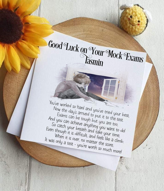 Good Luck GCSE Mock Exams with a Girl Looking Out of a Window image Personalised Good Luck Card for GCSE/A-Level Mocks, Good Luck Exam Cards - Theoadorables
