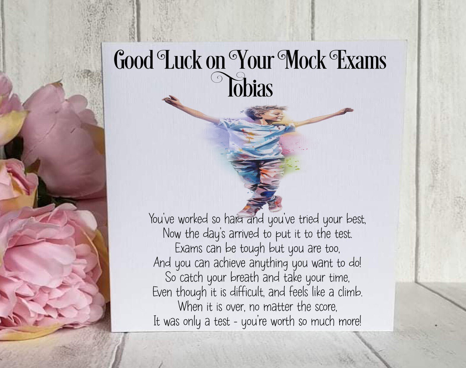 Good Luck GCSE Mock Exams with a Rainbow Boy image, Personalised Good Luck Card for GCSE/A-Level Mocks, Good Luck Exam Cards - Theoadorables